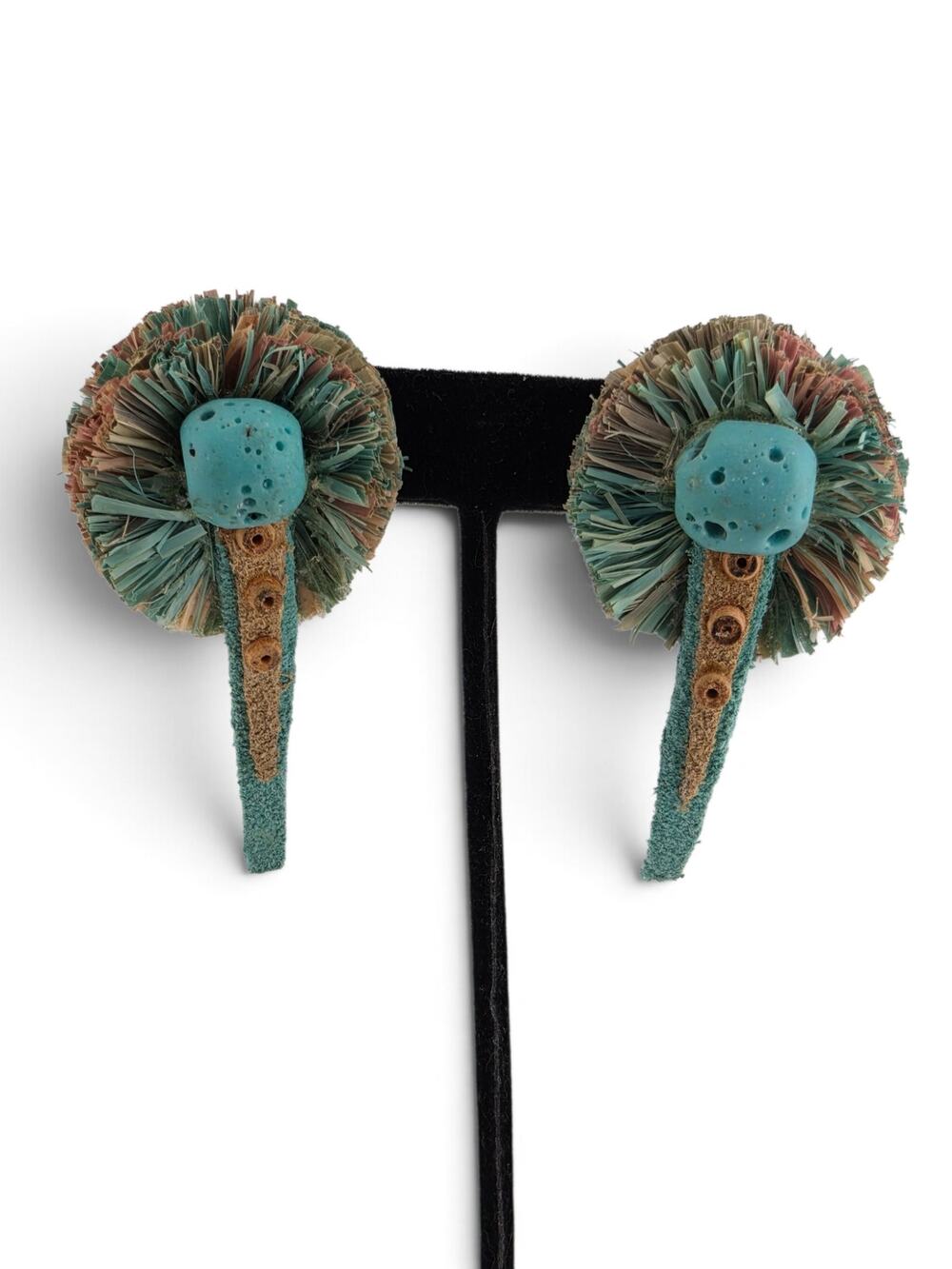 Vintage Boho Raffia Pom Pom Statement Earrings Turquoise Teal Long Drop